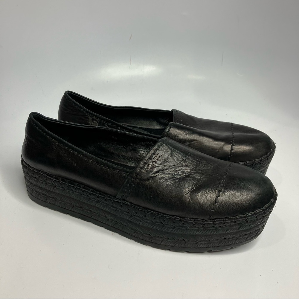 Prada platform espadrille shoes black leather size‎ 40.5